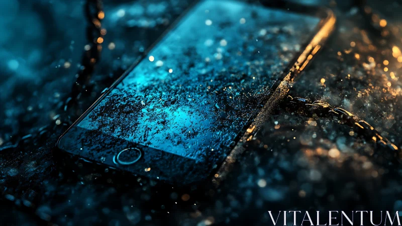 Macro smartphone closeup submerged on wet glass in bokeh light