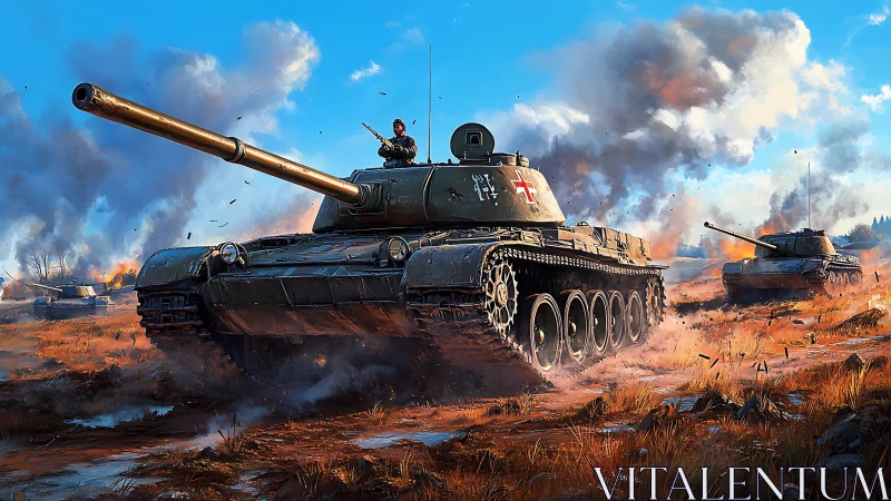Heavy battle tank advances across burning grassland.