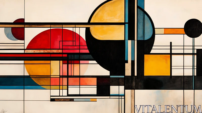 Geometric abstraction with bold circles and intersecting lines.