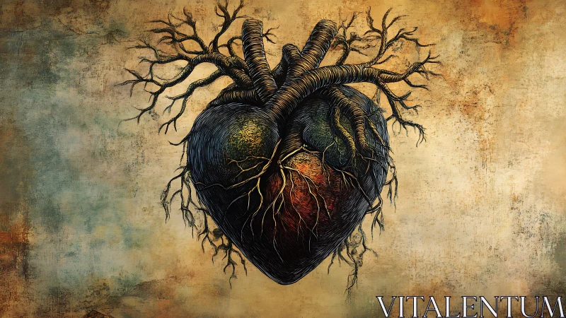 Anatomical heart with branching roots on textured backdrop.