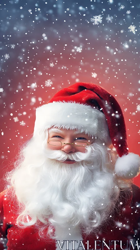 Jolly Santa Claus Smiling Beneath Gentle Falling Snowflakes.