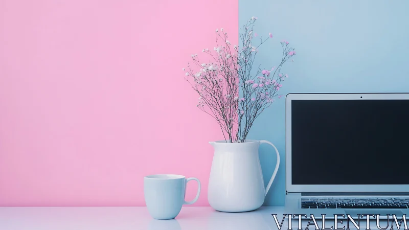 Bicolor workspace tableau with laptop, ceramic mug, floral pitcher.