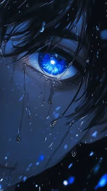 Wet close-up of glowing blue anime eye at night scene.