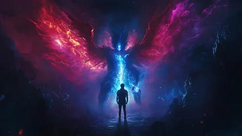 Silhouette confronts towering elemental energy being