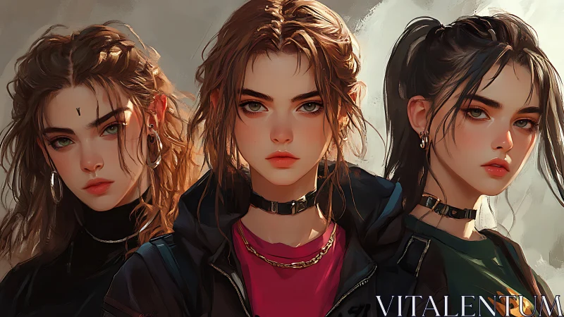 Three stylized young women stand in a tight frontal portrait