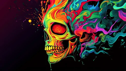 Neon skull drifting through wild rivers of liquid color.