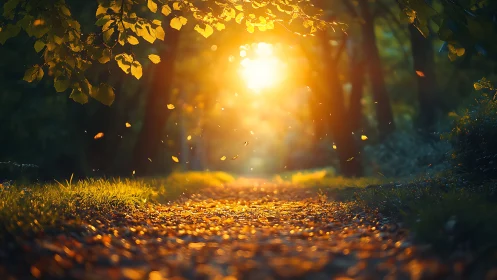 Sunlit woodland path glowing with drifting amber leaves.