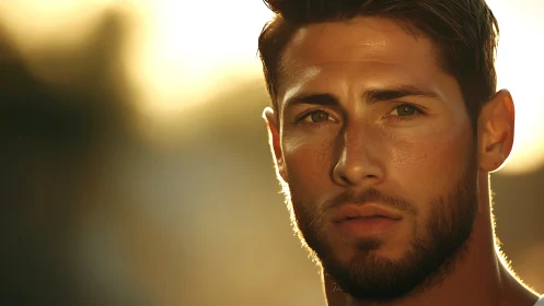 Sunlit close-up portrait of pensive man in warm tones.