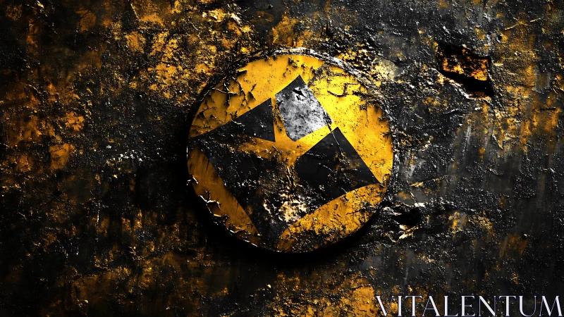Weathered yellow emblem embedded in gritty textured wall.