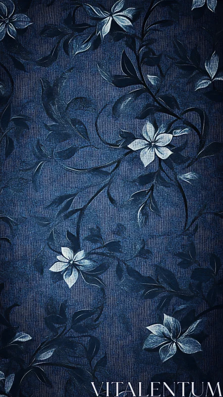 Blue fabric surface with white floral embroidery and vine motifs