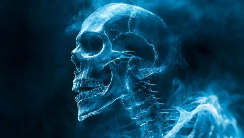 Ethereal Blue Skull in Smoke Art with Mysterious Atmosphere.