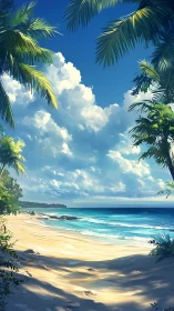 Tropical coastal scene with cumulus cloud formation and palm framing