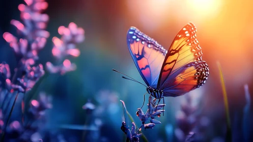 Butterfly on flower against blurred sunset garden backdrop.