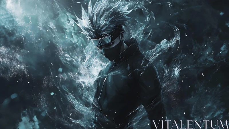 Masked anime figure in turbulent blue energy field.