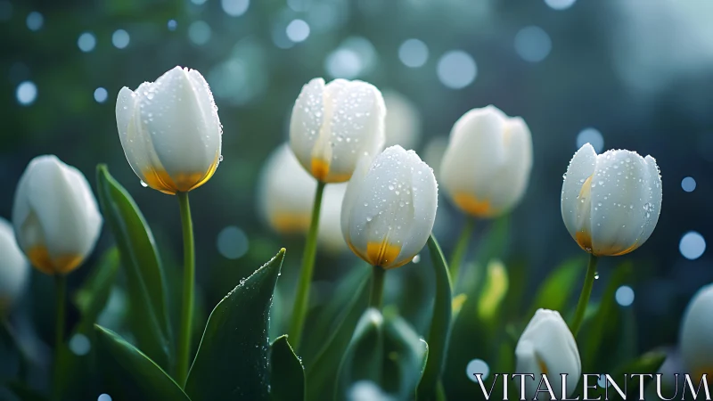 White Tulips with Aureate Centers Displaying Hydrophobic Surface Tension and Bokeh Atmospheric Depth