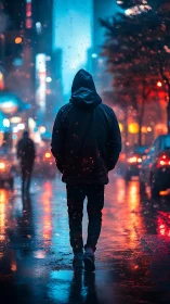Midnight drifter walks through neon rain and humming city glow.