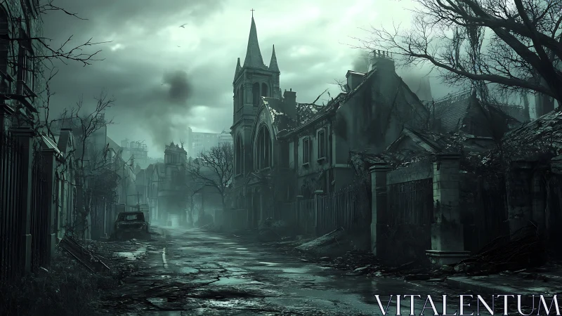 Deserted urban street with damaged buildings and dense fog