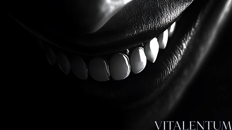 High contrast monochrome close-up of smiling human teeth