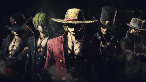 Outlaw pirates in stylized noir lighting, cinematic stance.