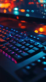 RGB backlit mechanical keyboard with neon bokeh reflections