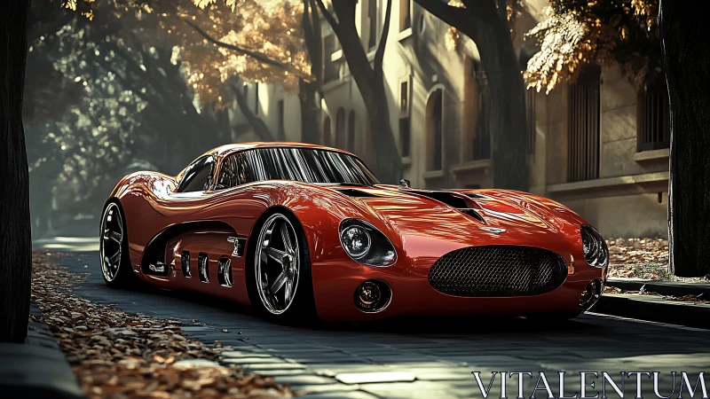 Low red supercar glides through shaded autumn city street
