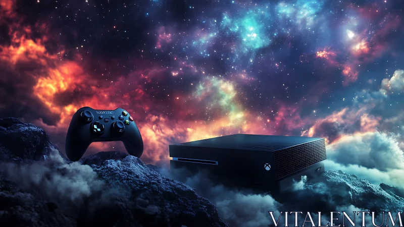 Xbox console and controller float above clouds under nebula sky