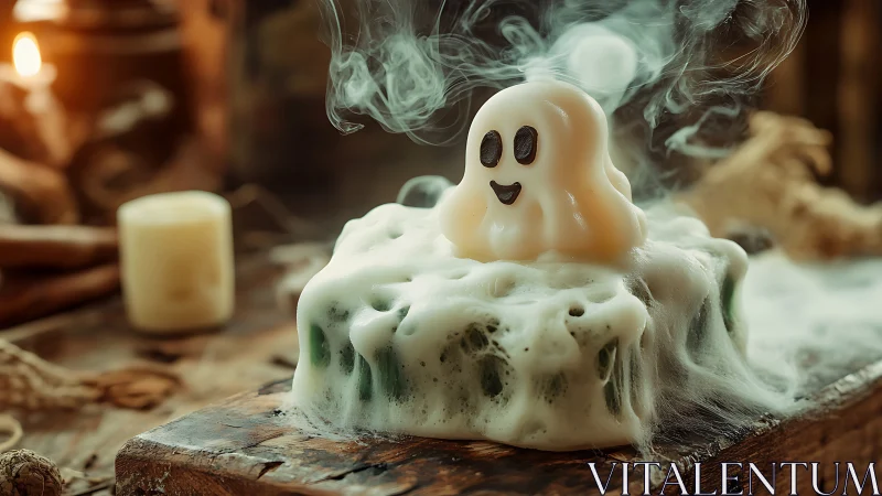 Melted ghost-shaped candle emits smoke on wooden surface