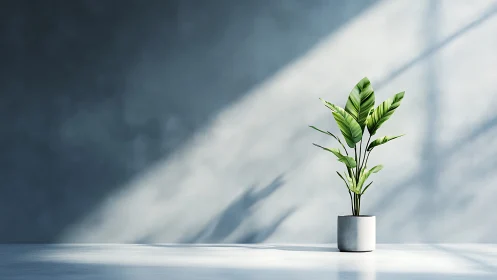 Sunlit green houseplant bringing calm to a minimalist room.