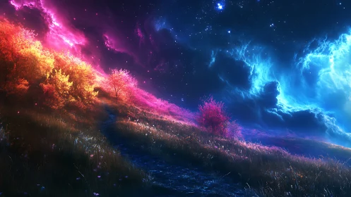 Starlit hillside path under neon cosmic aurora sky.