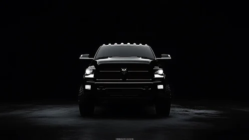 Pickup truck front view is illuminated against dark background