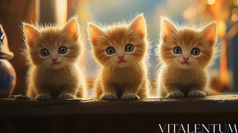 Three Adorable Kittens Bathed in Golden Sunlight.