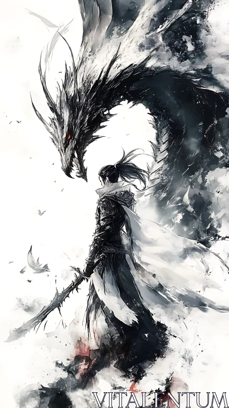 Dark warrior confronts spectral dragon amid swirling mist.