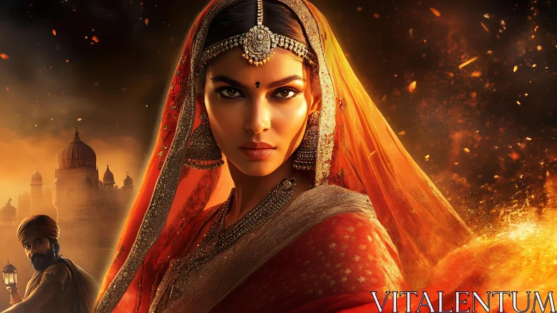 Regal Rajasthani queen in ember-lit cinematic close-up frame.