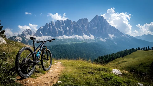Mountain Bike on Alpine Trail with Dramatic Peak Vista.