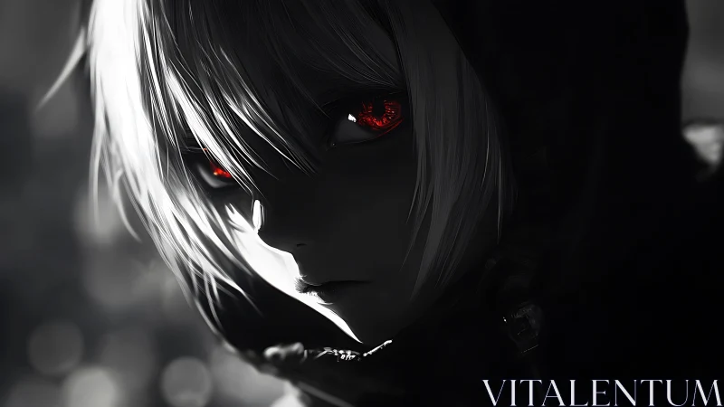 Scarlet-eyed hooded wanderer in stark monochrome gloom.