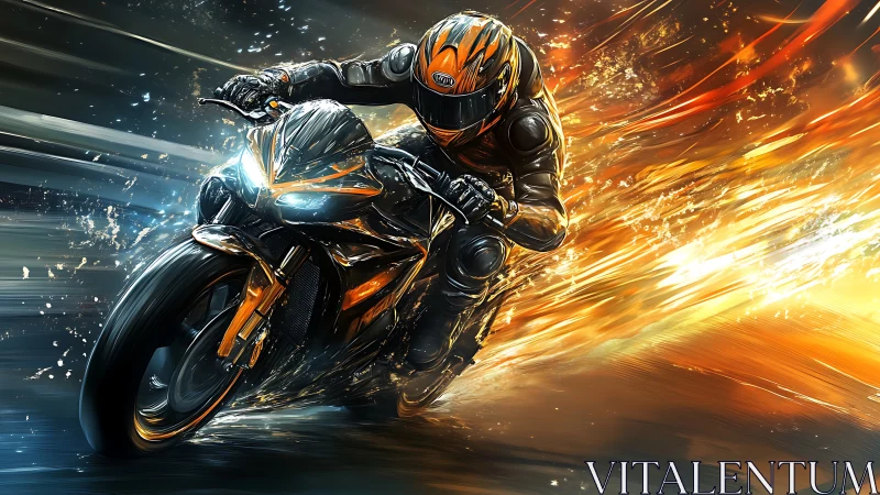 Fire-trail superbike carves molten light through midnight streets