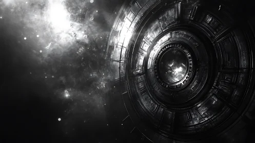 Cylindrical star-gate interior in monochrome digital concept art.