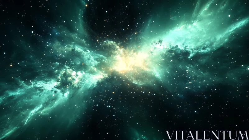 Glowing teal nebula opening like wings across deep space.