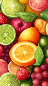 Colorful citrus and berries form a vibrant fruit collage.