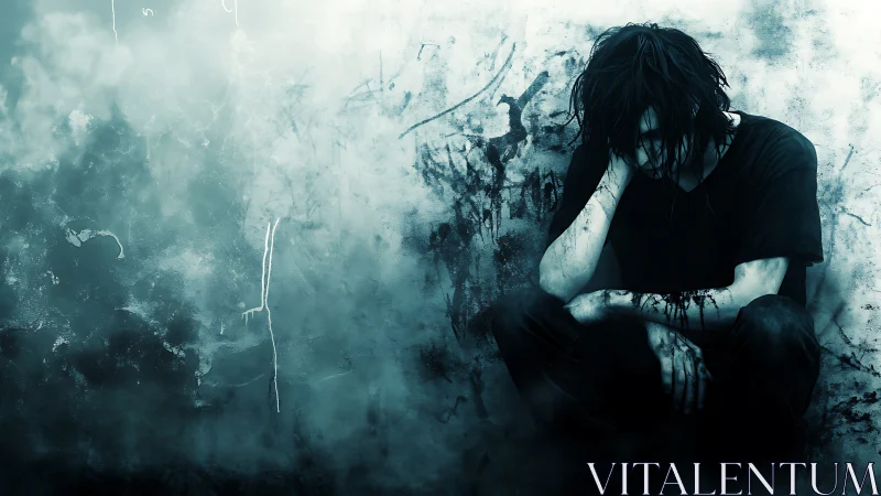 Desolate figure crouched against grungy wall in cyan haze.