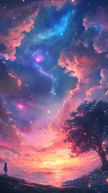 Starlit nebula sky crowns radiant sunset shoreline vista