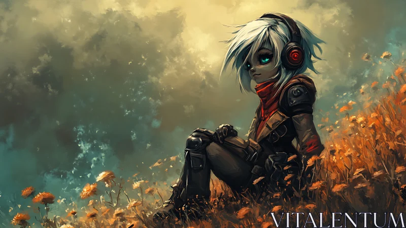 Neon eyed wanderer listening to storms in a rust meadow.