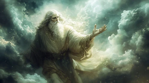 Divine robed figure emerges from radiant storm clouds in motion