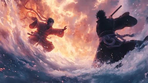 Dynamic sword duel amid turbulent ocean spray and blazing sky