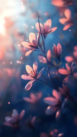 Pink Flowers Against Blue Sky. Digital Art.