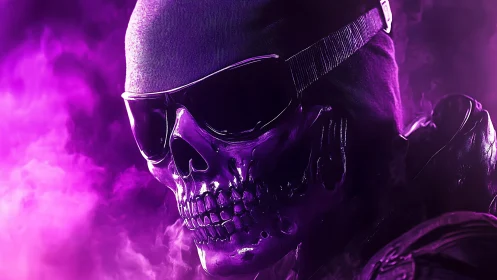 Purple illuminated skull figure with hood and sunglasses.