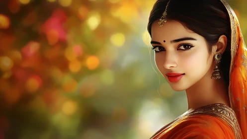 Digital portrait of Indian woman in sari with cinematic bokeh lighting