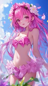 Pink haired beach beauty glowing under a bright blue sky.