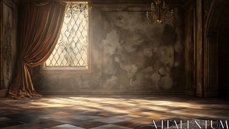 Sunlit decayed ballroom interior renders poetic architectural ruin