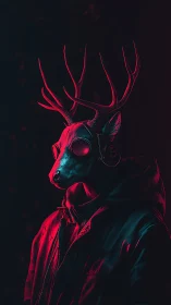Neon antlered wanderer in cyberpunk shadows, quietly listening.